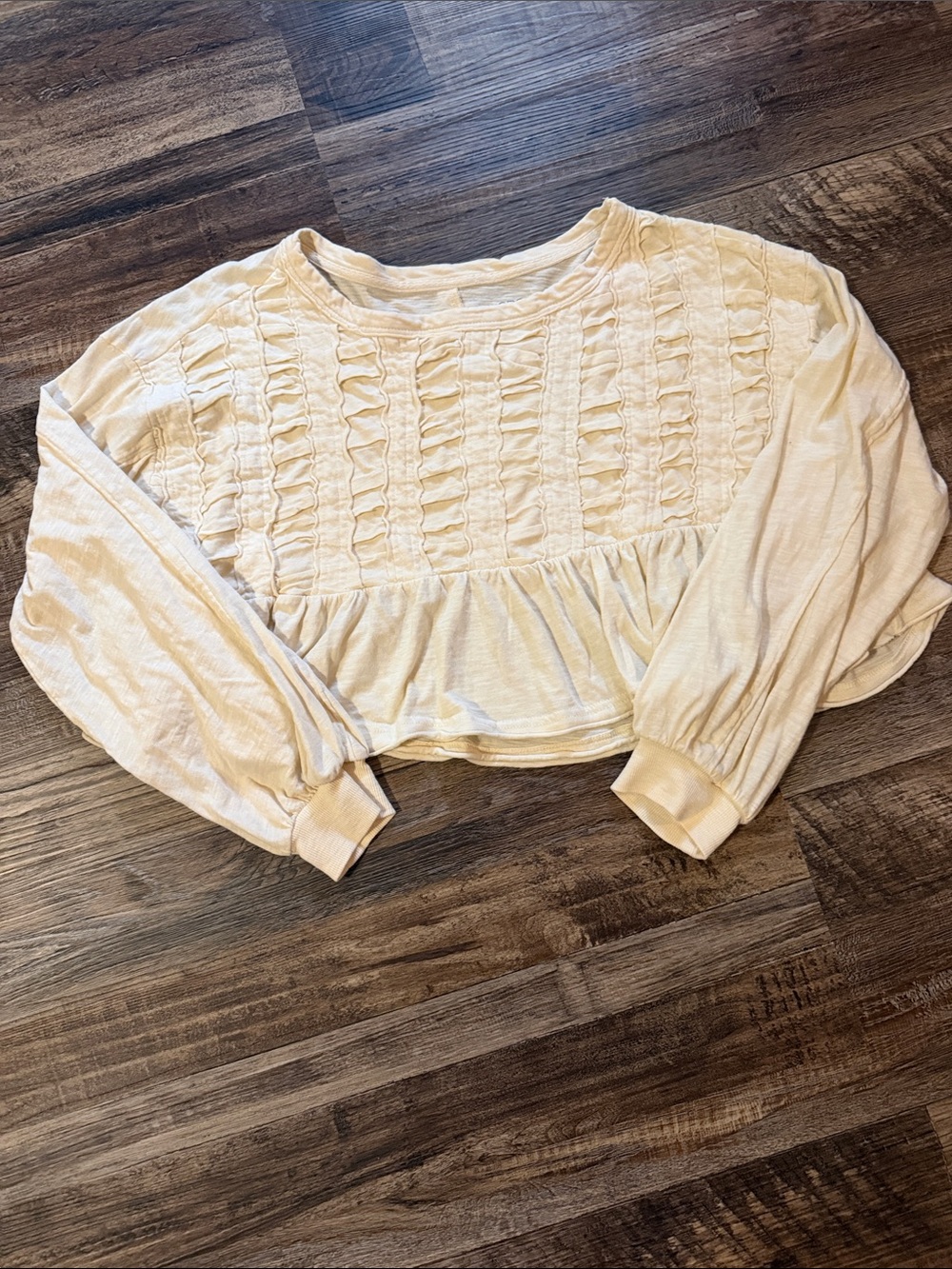 Pilcro Cream Cropped Ruffle-Front Long Sleeve Top